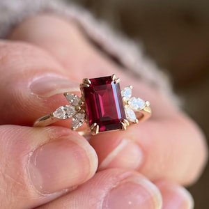 Emerald Cut Ruby Red Ring, Sterling Silver Baguette Accents, July Birthstone Gif