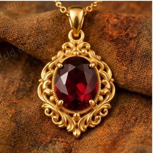 Puede incluir: Un colgante de oro con una gran piedra preciosa de color rojo oscuro de corte ovalado, engastada en un marco de oro ornamentado con filigrana. El colgante cuelga de una cadena de oro, mostrando un intrincado trabajo de metal.