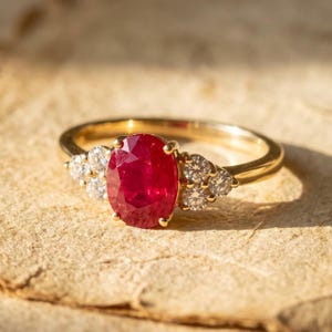 Natural Ruby Oval Halo Ring | Vintage Oval Ruby Ring | Gold Tone Halo Setting | Red Gemstone Statement Ring | Birthday Gift for Her
