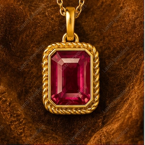 Peut inclure: Un pendentif rectangulaire avec une pierre précieuse rouge foncé sertie dans un cadre doré à bordure torsadée. Le pendentif est fixé à une bélière en or sur le dessus. Le texte Laxmi jewellers est répété en filigrane sur toute l'image.