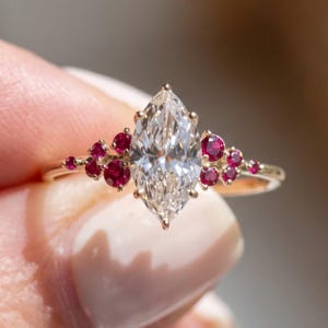 Marquise Moissanite Sterling Silver Ring, Ruby Accent Ring, Solitaire Engagement Ring, Anniversary Gift, Promise Ring for Her