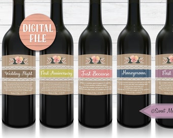 Rótulos de vinho Casamento-1º Marco-DIGITAL-Rústico-Personalizado com Nome e Data do Casal-Você Escolhe-Cesta de Vinho Presente-Chá de Noivado-Noivado