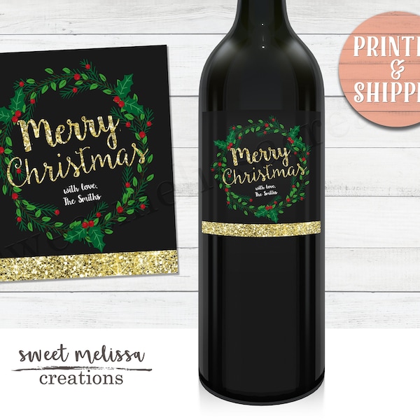 Merry Christmas Wine Labels - Personalized  Holiday Gift - Gold Glitter- PRINTED - by Sweet Melissa Creations