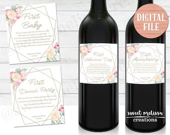 Floral Wine Labels Wedding-1st Milestone-DIGITAL-Geometric - Custom with Couples Name and Date-Wine Basket Gift-Bridal Shower-Engagement