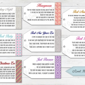 Marriage Wine Tags-1st Milestone-PRINTED-Newlyweds-Bridal Showers-Bachelorette Party-Wine Gift Baskets-Set of 8 tags