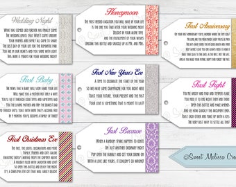 Marriage Wine Tags-1st Milestone-PRINTED-Newlyweds-Bridal Showers-Bachelorette Party-Wine Gift Baskets-Set of 8 tags