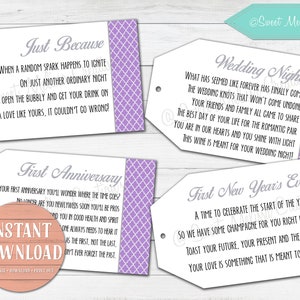 Marriage Wine Tags-1st Milestone-INSTANT DOWNLOAD-Newlyweds-Purple-Bridal Showers-Bachelorette Party-Wine Gift Baskets-Set of 8 tags