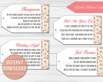 Marriage Wine Tags-1st Milestone-INSTANT DOWNLOAD-Newlyweds-Floral-Bridal Showers-Bachelorette Party-Wine Gift Baskets-Set of 8 tags