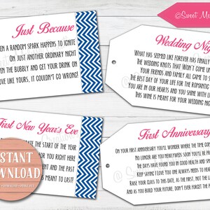 Marriage Wine Tags-1st Milestone-INSTANT DOWNLOAD-Newlyweds-Navy/Pink-Bridal Showers-Bachelorette Party-Wine Gift Baskets-Set of 8 tags
