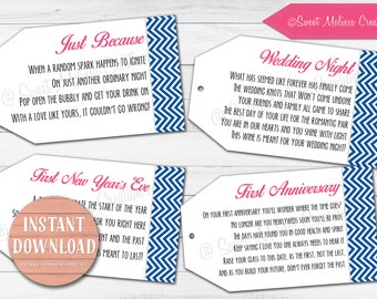 Marriage Wine Tags-1st Milestone-INSTANT DOWNLOAD-Newlyweds-Navy/Pink-Bridal Showers-Bachelorette Party-Wine Gift Baskets-Set of 8 tags