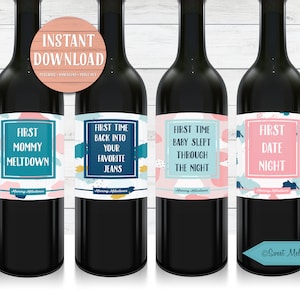 Mommy Milestone Wine Bottle Labels-INSTANT DOWNLOAD-Mommy First- Baby Shower Gift -DIY-Funny Gift-New Moms-Shower Gift-Set of 8