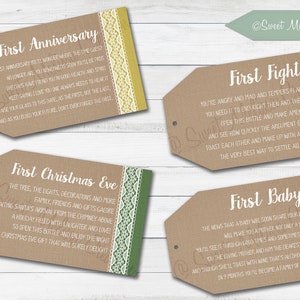 Marriage Wine Tags-1st Milestone-PRINTED-Newlyweds-Burlap Design-Bridal Showers-Bachelorette Party-Wine Gift Baskets-Set of 8 tags