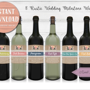 8 Wine Labels Wedding Milestone-INSTANT DOWNLOAD-Rustic-DIY-Printable Wine Labels-Wine Basket Gift-Bridal Shower