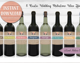 8 Wine Labels Wedding Milestone-INSTANT DOWNLOAD-Rustic-DIY-Printable Wine Labels-Wine Basket Gift-Bridal Shower