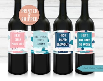 Mommy Milestone Wine Bottle Labels-PRINTED-Mommy First- Baby Shower Gift -DIY-Funny Gift-New Moms-Shower Gift-Set of 8