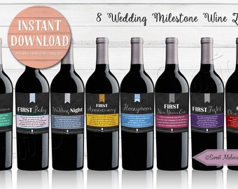 8 Wine Labels Wedding Milestone-INSTANT DOWNLOAD-Chalkboard-DIY-Printable Wine Labels-Wine Basket Gift-Bridal Shower