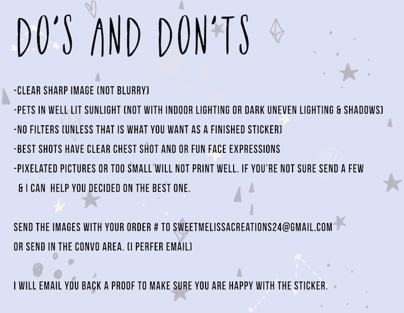 May include: A light blue background with the words "DO'S AND DON'TS" in black script. The text provides instructions for submitting images for stickers, including image quality, lighting, and email contact information. Decorative stars and hearts are scattered around the text.