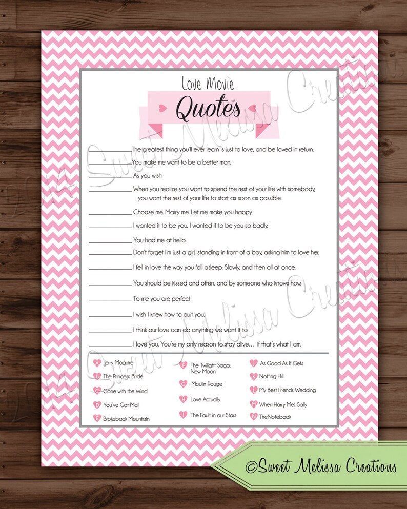 Love Movie Quotes Bridal Shower Game Bachelorette Party Etsy