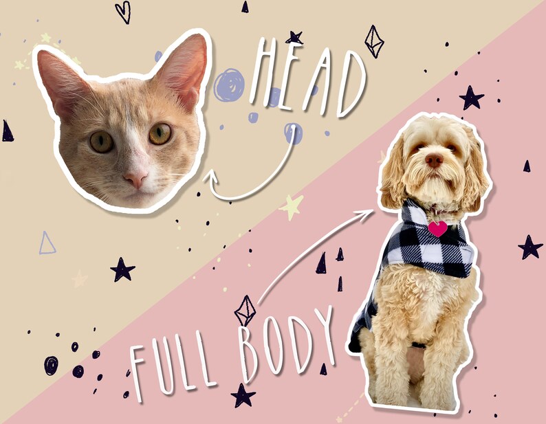 May include: A digitally illustrated image featuring a cat's head and a dog's full body. The cat is orange and white. The dog is wearing a black and white plaid scarf with a pink heart. The words "HEAD" and "FULL BODY" are written on the image.