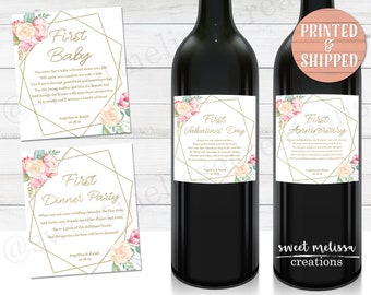 Floral Wine Labels Wedding-1st Milestone-Geometric Floral- PRINTED -Custom w/ Couples Name-Date-Personalized-Wine Basket Gift-Bridal Shower