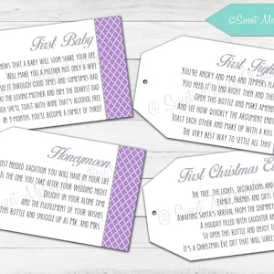 Marriage Wine Tags-1st Milestone-PRINTED-Newlyweds-Purple-Bridal Showers-Bachelorette Party-Wine Gift Baskets-Set of 8 tags