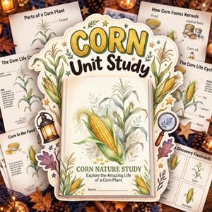 May include: A Corn Unit Study educational booklet featuring a central illustration of a corn cob and stalk. The cover text reads Corn Unit Study and Corn Nature Study Explore the Amazing Life of a Corn Plant. Includes surrounding flashcards.