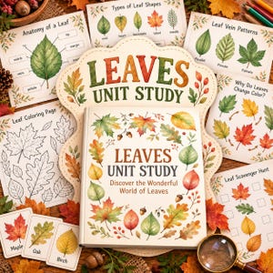 May include: A Leaves Unit Study book with a white cover featuring colorful watercolor leaf illustrations and the text Leaves Unit Study Discover the Wonderful World of Leaves, surrounded by educational activity sheets.