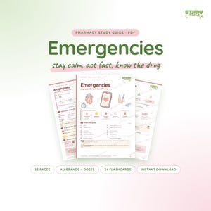 Puede incluir: Una guía de estudio de farmacia en PDF titulada Emergencies, stay calm, act fast, know the drug. El documento incluye ilustraciones médicas de un corazón, un teléfono inteligente con un icono de corazón, un vial y una jeringa.