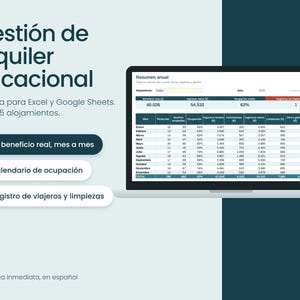 Puede incluir: Plantilla digital de gestión de alquiler vacacional para Excel y Google Sheets en una pantalla de portátil. La interfaz muestra una tabla de resumen anual con datos financieros, tasas de ocupación y desgloses mensuales detallados.