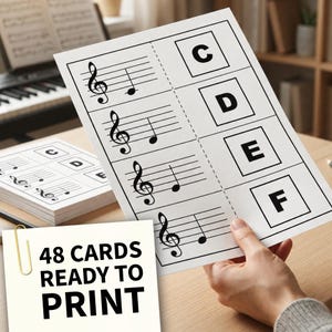 Peut inclure: Une feuille de papier blanche présentant quatre portées musicales avec des clés de sol et des notes, accompagnées de cases contenant les lettres C, D, E et F. Une carte carrée affiche le texte noir 48 CARDS READY TO PRINT avec un clip doré.
