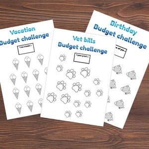 Op de afbeelding: Drie witte papieren budget challenge trackers met blauwe tekst. Het eerste blad is getiteld Vacation Budget challenge met ijsjesiconen. Het tweede is Vet bills Budget challenge met pootafdrukken. Het derde is Birthday Budget challenge met taarticonen.