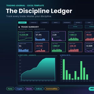 Puede incluir: Una plantilla de Excel para diario de trading titulada The Discipline Ledger. La interfaz presenta un tema oscuro con cuadros de datos de colores neón, que incluyen un resumen de operaciones, un gráfico de curva de capital y un gráfico.