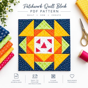 May include: A square patchwork quilt block featuring a central white square with pink triangles, surrounded by geometric shapes in yellow, orange, lime green, and dark blue floral fabric. Text reads Patchwork Quilt Block PDF PATTERN.