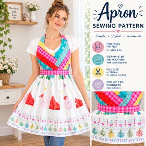 May include: A white apron featuring a colorful patchwork bodice with pink, blue, and yellow plaid and floral patterns. The skirt displays red house illustrations and a bottom border of multi-colored Christmas trees and bows. Text reads Apron Sewing Pattern.
