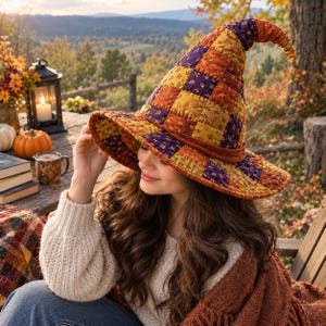 Quilted Witch Hat Sewing Pattern PDF, Patchwork Halloween Hat Pattern, Autumn Leaf Print, 4 Sizes Child to Adult, Digital Download