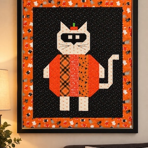 Patron PDF de courtepointe Chat Citrouille, Décoration murale d'Halloween Miaou, Appliqué patchwork d'Halloween, Convient aux coupons de tissu Fat Quarter, Courtepointe pour débutants