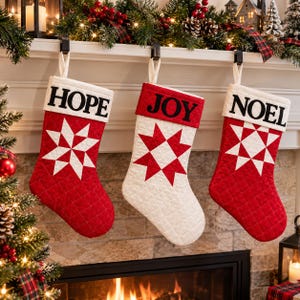 Christmas Stocking Pattern PDF, Hope Joy Novel, Star Block Patchwork Stockings, Red and White Quilting Pattern, Instant Download