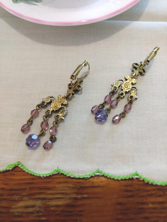 Vintage Dangle Earrings Pink and Violet Rhineston… - image 3