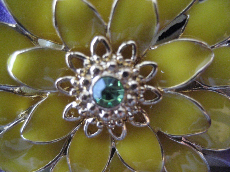 Handmade Vintage Metal Pin on silk flower petals Purple, yellow and green crystal center unique brooch image 4