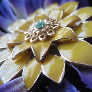 Handmade Vintage Metal Pin on silk flower petals Purple, yellow and green crystal center unique brooch image 2