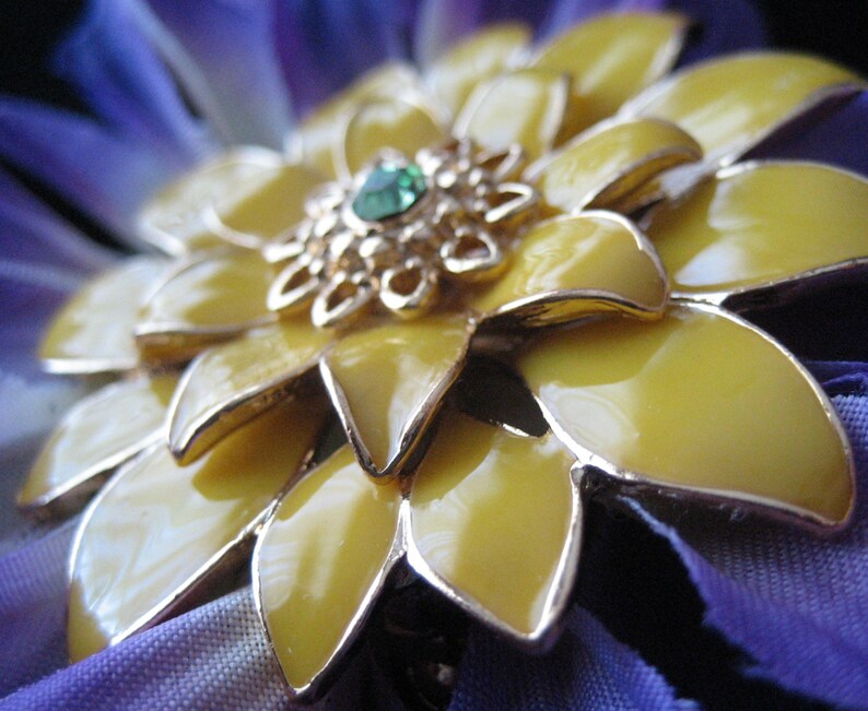 Handmade Vintage Metal Pin on silk flower petals Purple, yellow and green crystal center unique brooch image 2