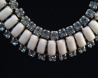 Signed Lisner Design Choker Necklace Shines Sky Blue cut glass crystals & Polished Milk stones. Pristine Condition and all set with prongs.