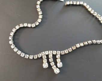 Sparkling Clear Faceted Rhinestone Necklace Fit for Royalty. Fancy or Casual Chic. 3 Rhinestone drop pendants.