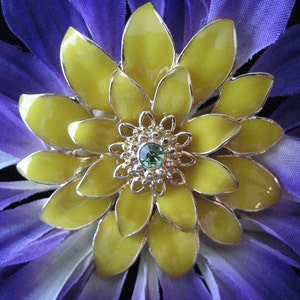 Handmade Vintage Metal Pin on silk flower petals Purple, yellow and green crystal center unique brooch image 3