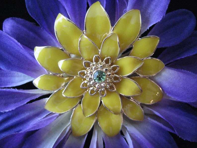 Handmade Vintage Metal Pin on silk flower petals Purple, yellow and green crystal center unique brooch image 3