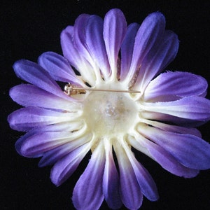 Handmade Vintage Metal Pin on silk flower petals Purple, yellow and green crystal center unique brooch image 5