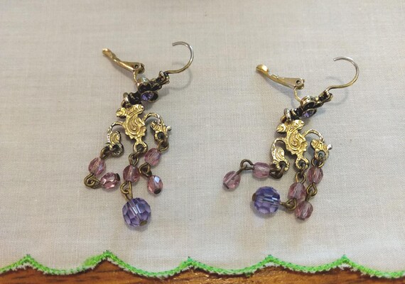 Vintage Dangle Earrings Pink and Violet Rhineston… - image 4