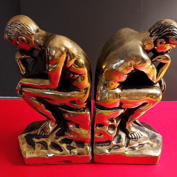 Vintage "The Thinker" Book Ends, Antiqued brass patina, Beautiful conversation pieces will hold your books in place. Lightweight metal.