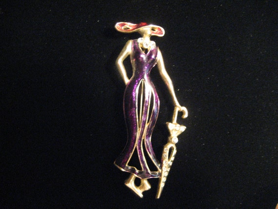 Classy Red Hat Lady Pin or Brooch in Purple Dress… - image 1