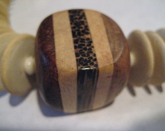 Natural Wood Necklace Interesting unusual disk beads, Square Cut Beads and Round Wood Beads. African-Inspired! A Rare Find!